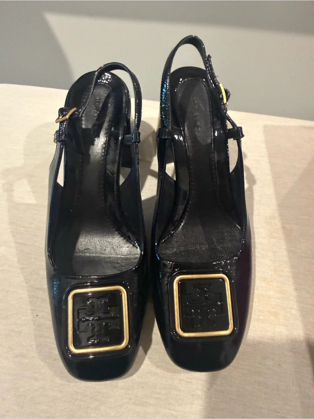 Tory Burch Georgia Black Patent Slingback Heels with Gold Logo